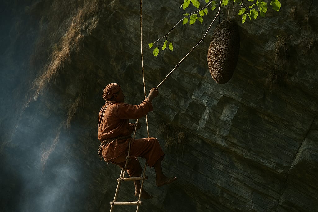 Mad honey hunting in the cliff